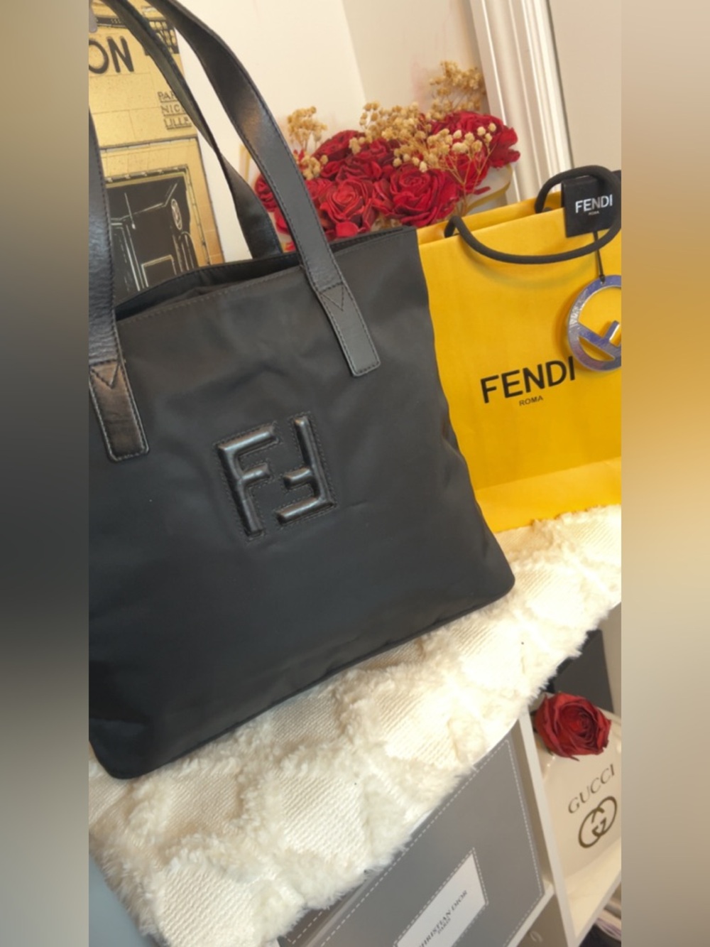 Fendi Black Nylon Tote with Embossed Logo